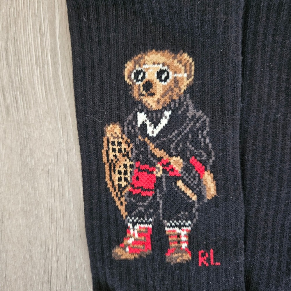 Polo Ralph Lauren Black Polo Bear Snowshoe Winter Crew Socks Mens Ribbed Knit